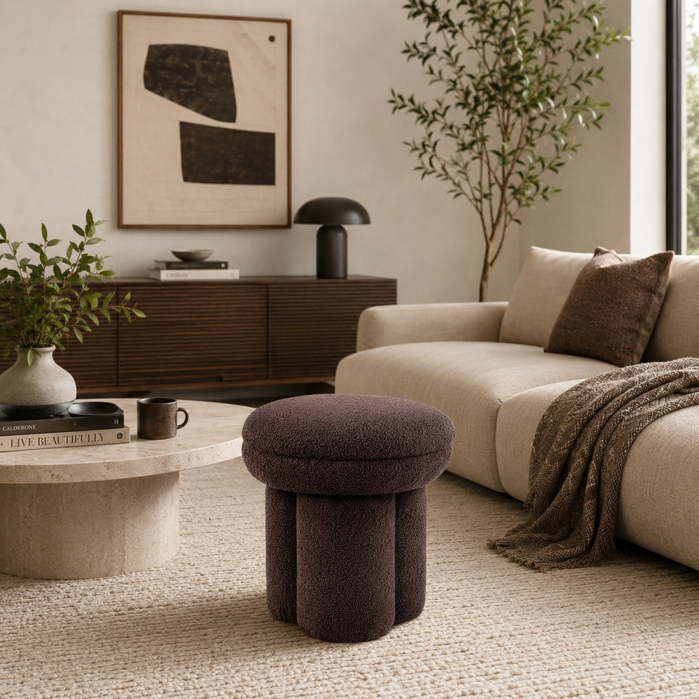 Ian Ottoman Stool, Mushroom-like Design, Pedestal Base, Brown Fabric-BM353210