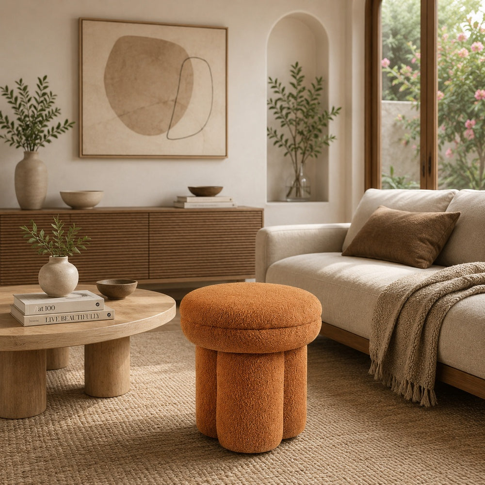 Ian Ottoman Stool, Mushroom-like Design, Pedestal Base, Brown Fabric-BM353212