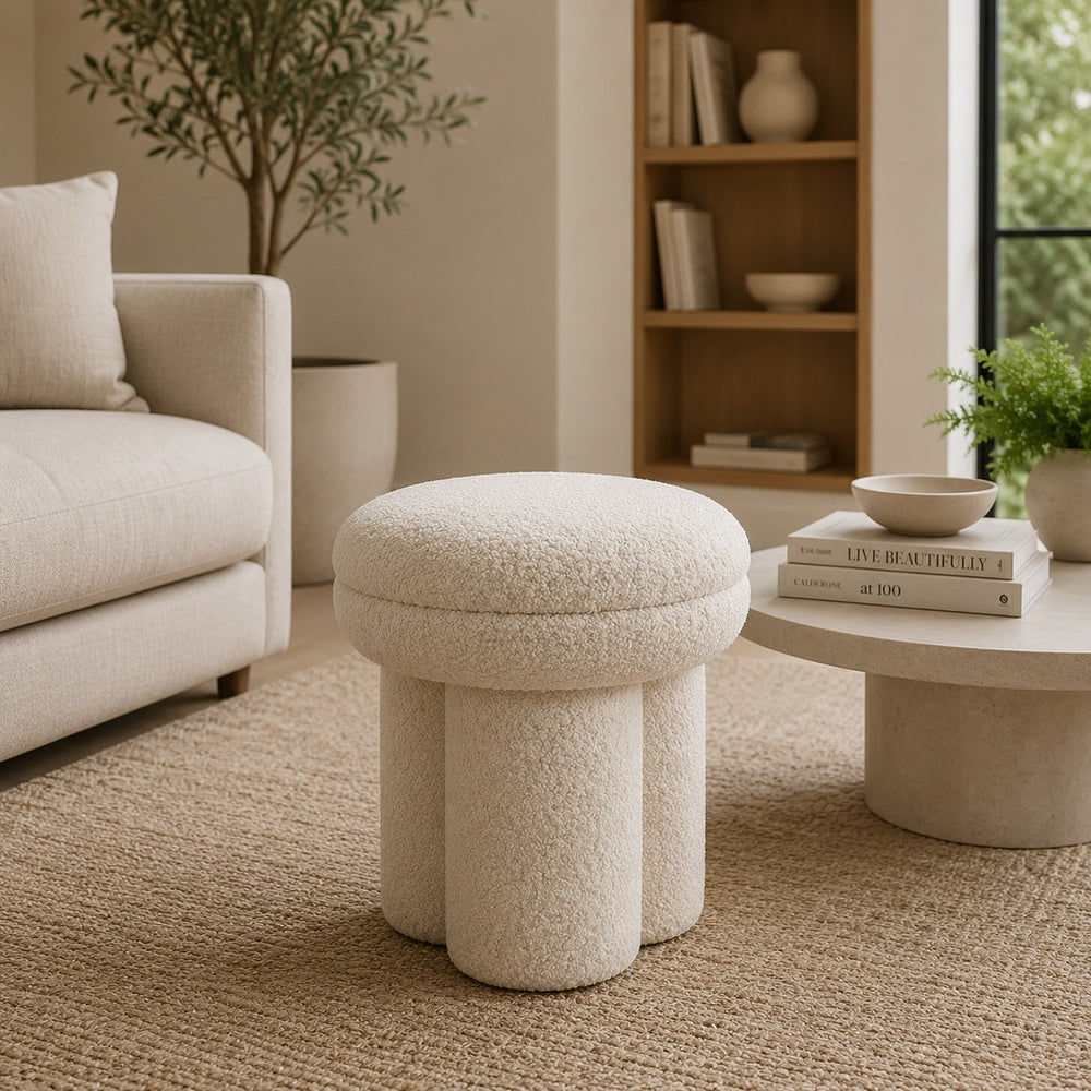Ian Ottoman Stool, Mushroom-like Design, Pedestal Base, Beige Fabric-BM353213