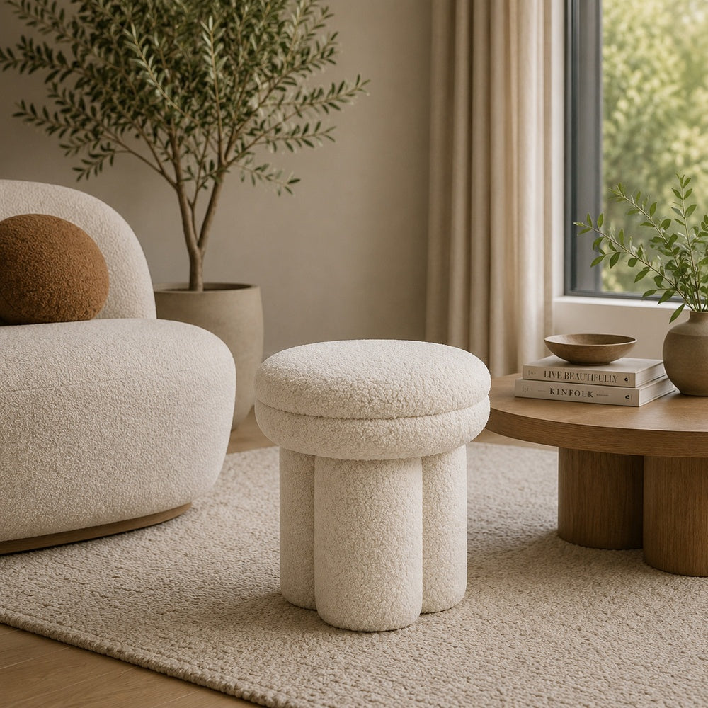 Ian Ottoman Stool, Mushroom-like Design, Pedestal Base, Beige Fabric-BM353213