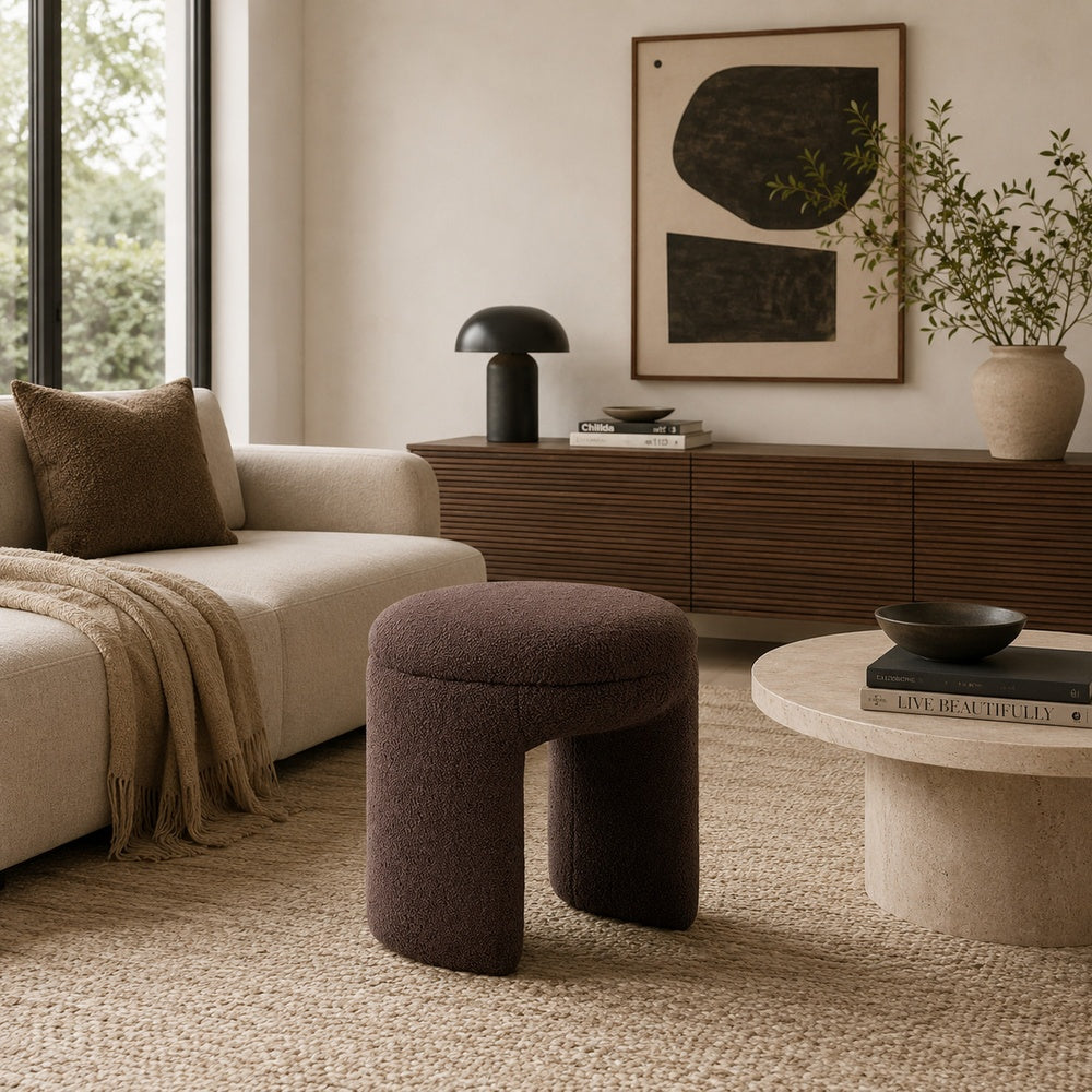 Janie Rounded Ottoman Stool with Open Frame Base, Brown Fabric-BM353214