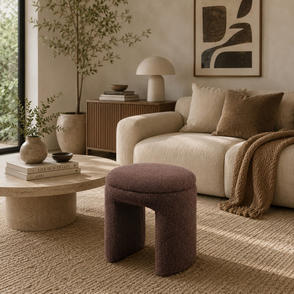 Janie Rounded Ottoman Stool with Open Frame Base, Brown Fabric-BM353214