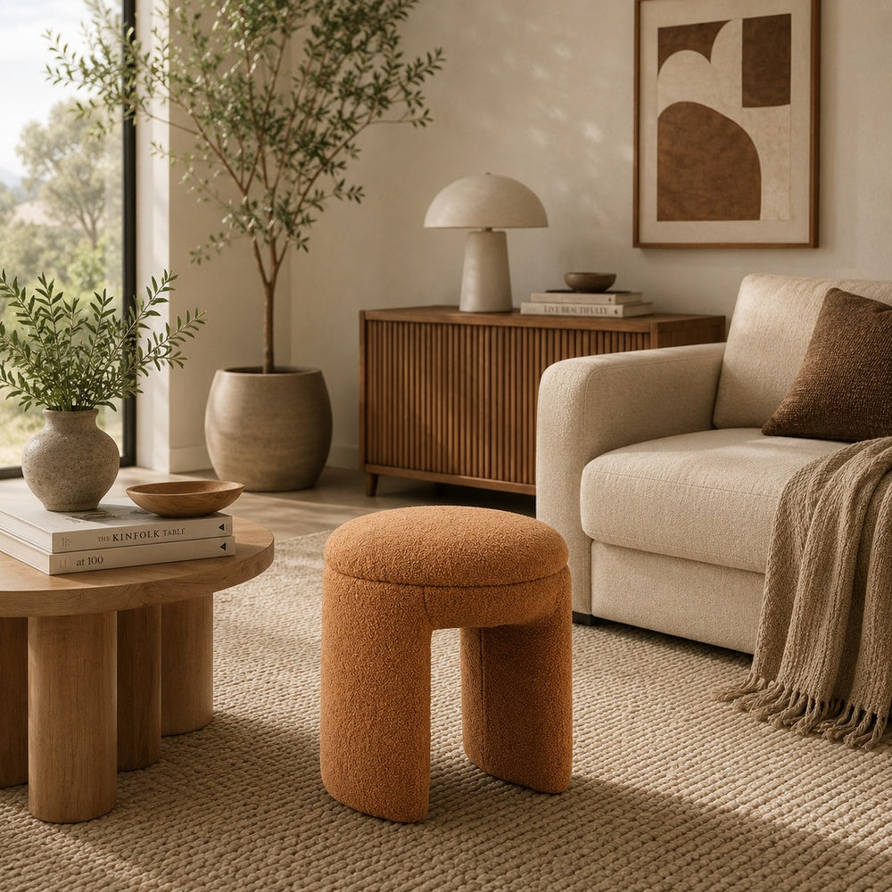 Janie Rounded Ottoman Stool with Open Frame Base, Saddle Brown Fabric-BM353216