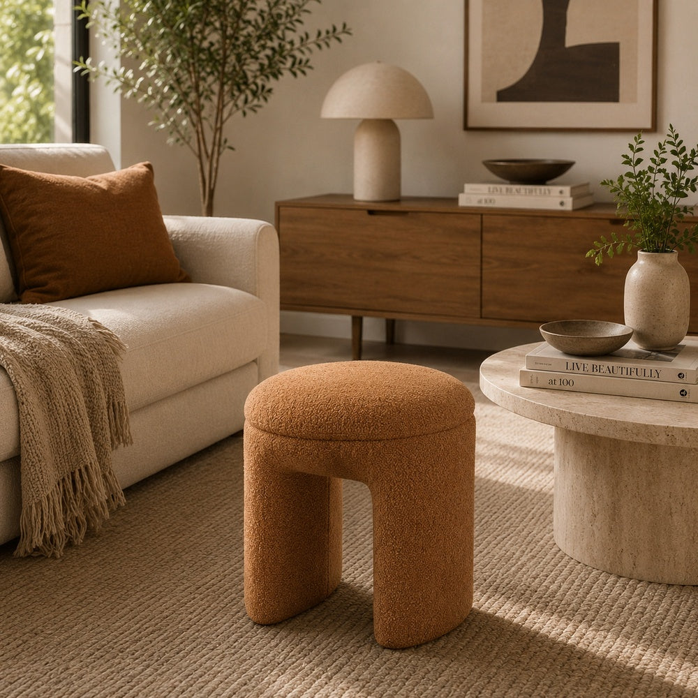 Janie Rounded Ottoman Stool with Open Frame Base, Saddle Brown Fabric-BM353216