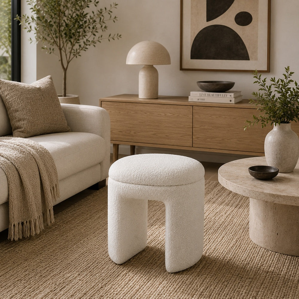 Janie Rounded Ottoman Stool with Open Frame Base, Beige Fabric-BM353217