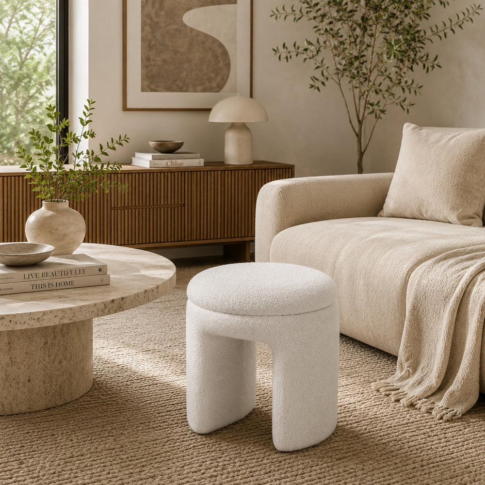 Janie Rounded Ottoman Stool with Open Frame Base, Beige Fabric-BM353217