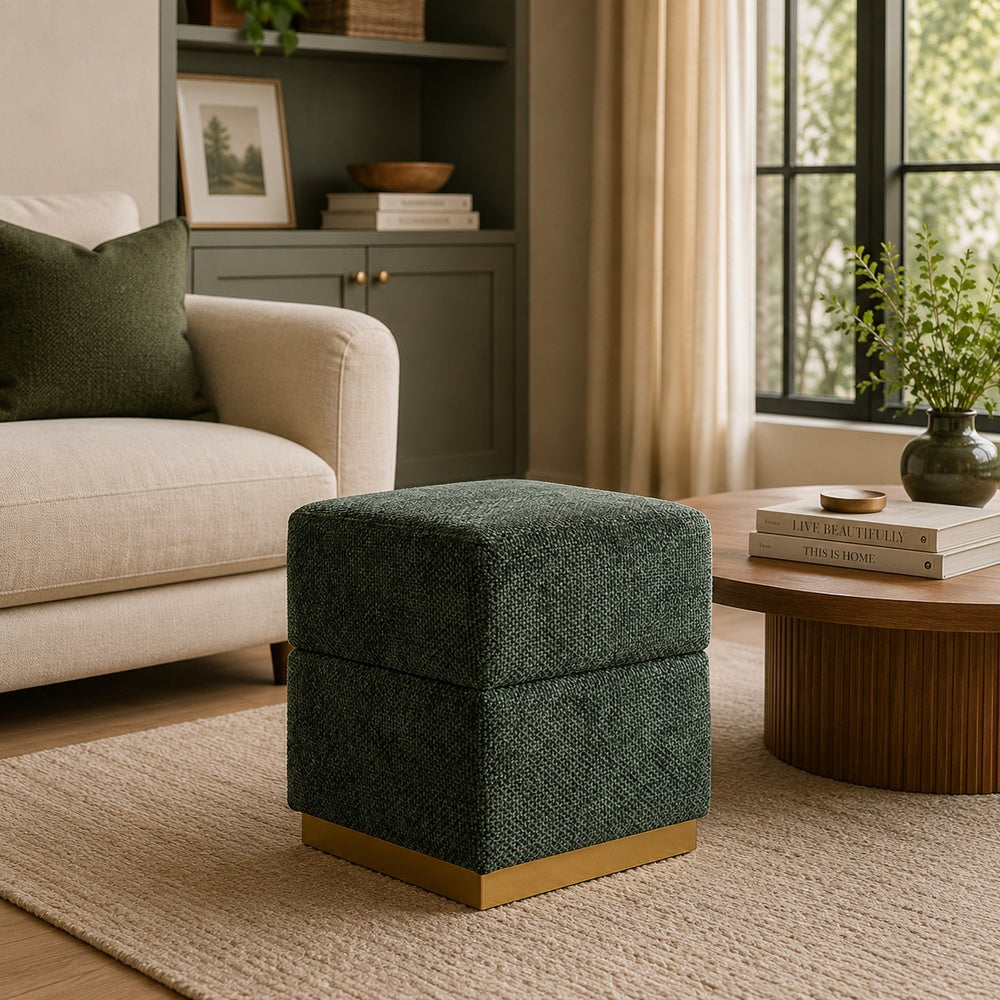Kris Ottoman Stool with Hidden Storage, Gold Base, Green Chenille-BM353218