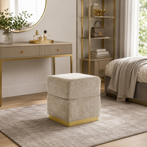 Kris Ottoman Stool with Hidden Storage, Gold Base, Silver Gray Chenille-BM353219