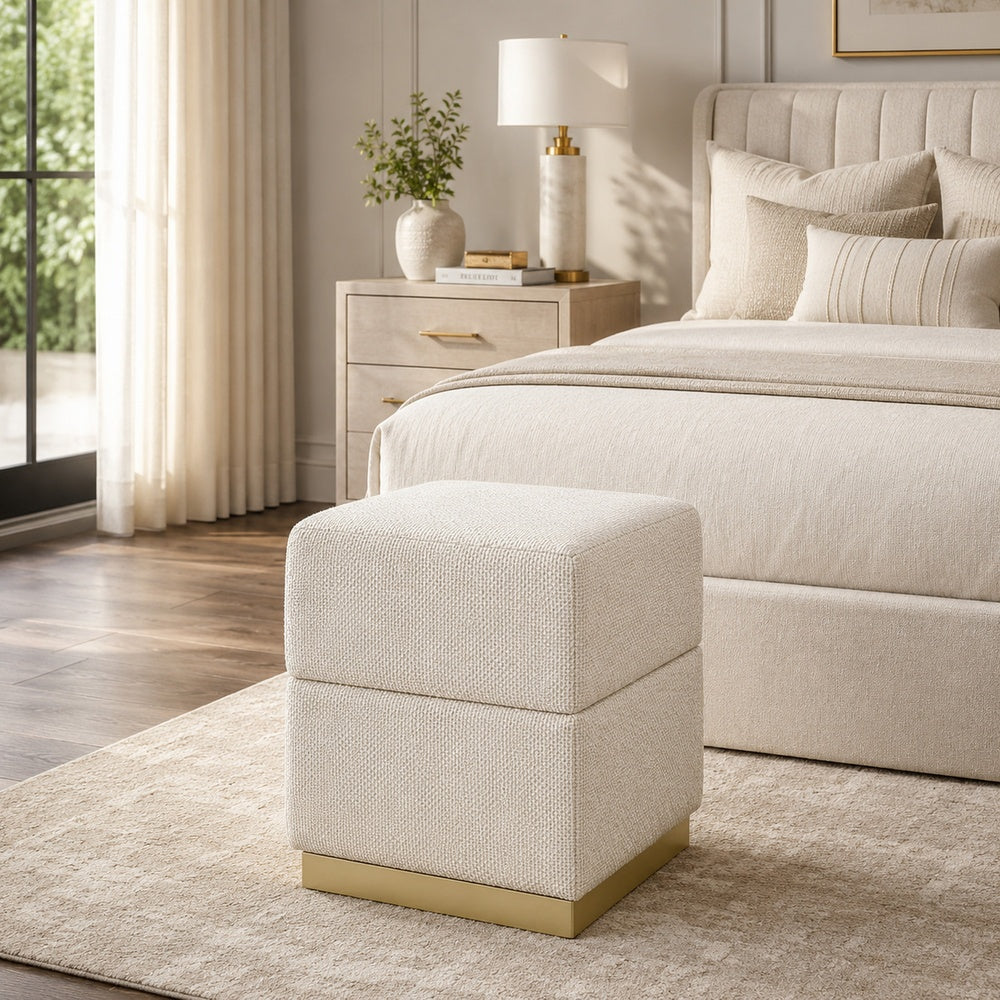 Kris Ottoman Stool with Hidden Storage, Gold Base, Beige Chenille-BM353220