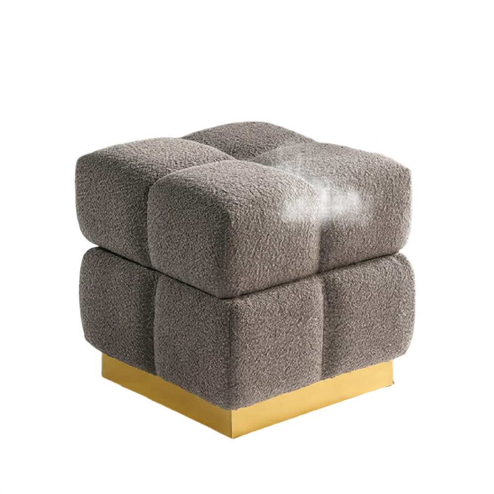 Anne Ottoman Stool with Storage, Gold Base, Gray Biscuit Tufted Fabric-BM353221