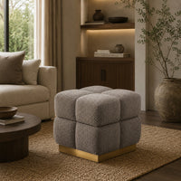 Anne Ottoman Stool with Storage, Gold Base, Gray Biscuit Tufted Fabric-BM353221