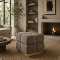 Anne Ottoman Stool with Storage, Gold Base, Gray Biscuit Tufted Fabric-BM353221