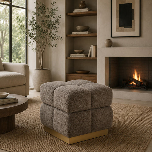 Anne Ottoman Stool with Storage, Gold Base, Gray Biscuit Tufted Fabric-BM353221