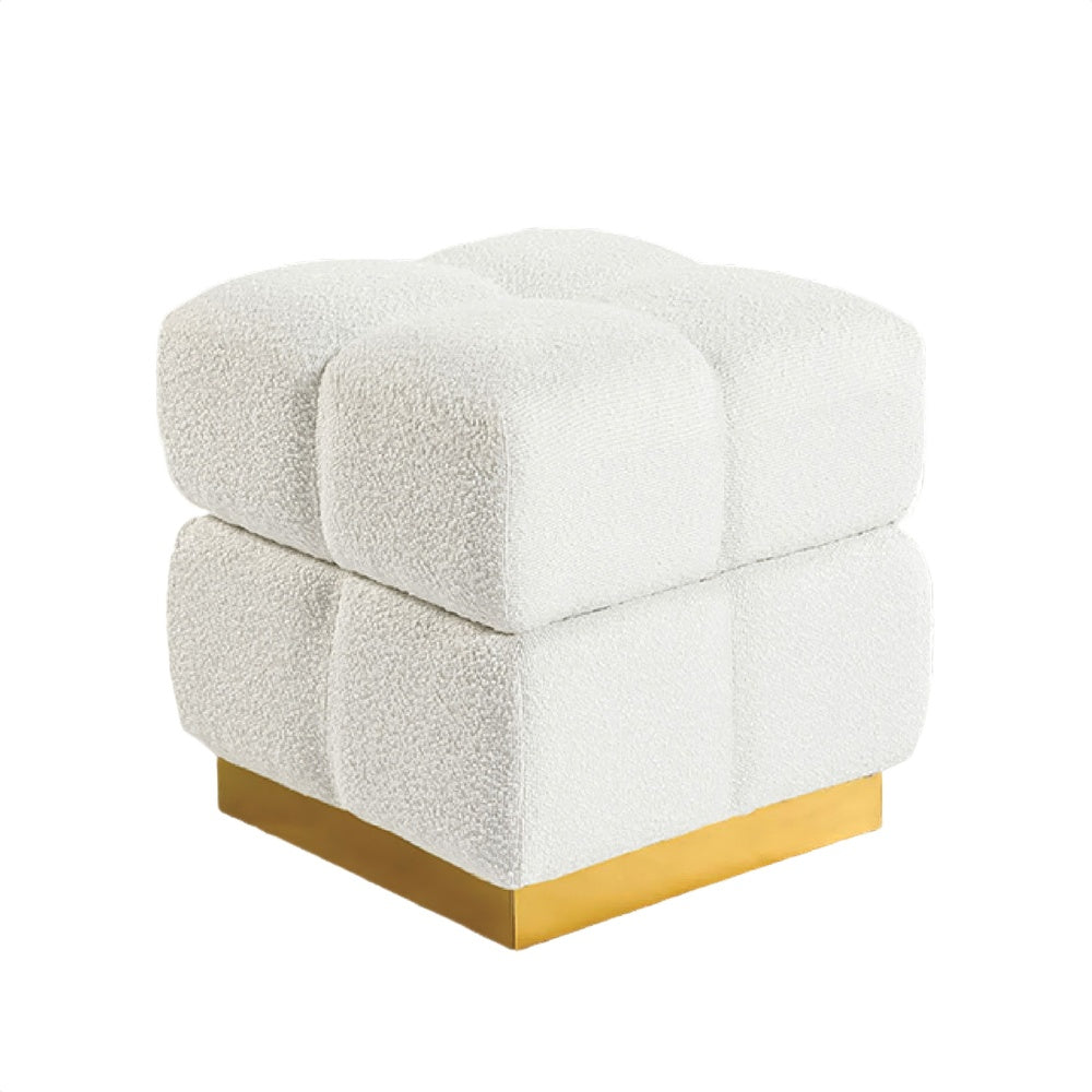 Anne Ottoman Stool with Storage, Gold Base, Beige Biscuit Tufted Fabric-BM353222