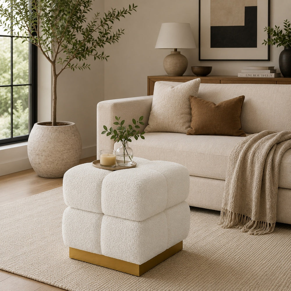 Anne Ottoman Stool with Storage, Gold Base, Beige Biscuit Tufted Fabric-BM353222