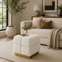 Anne Ottoman Stool with Storage, Gold Base, Beige Biscuit Tufted Fabric-BM353222
