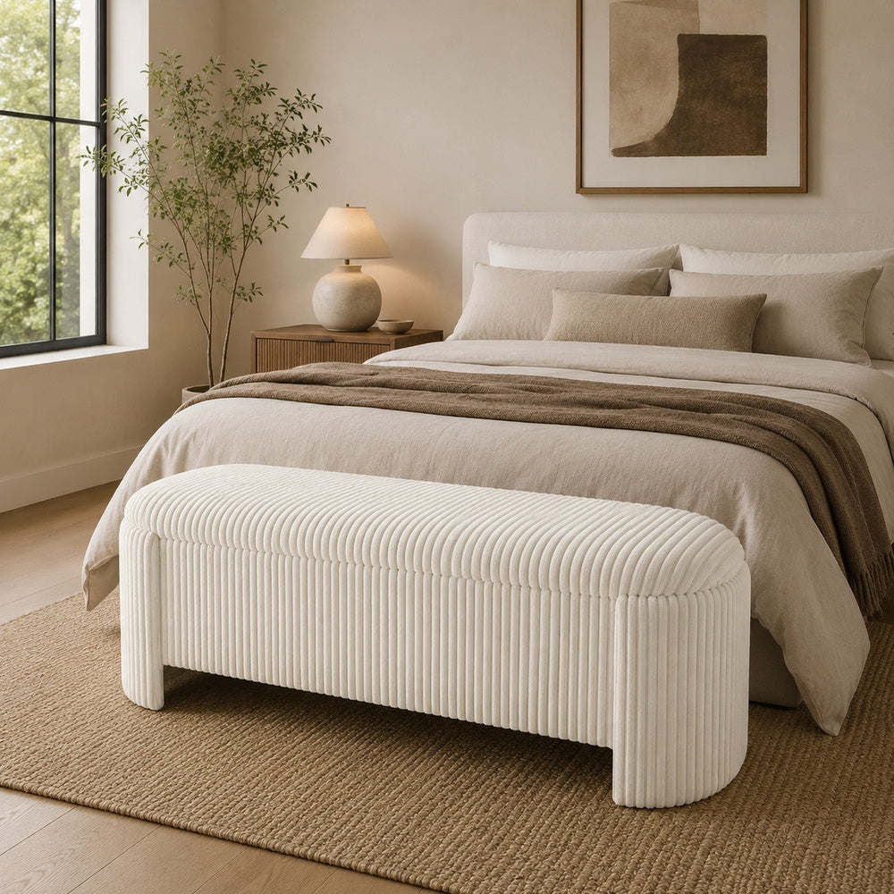 Greta Storage Bench with Ribbed Design, Hidden Storage, White Corduroy-BM353223