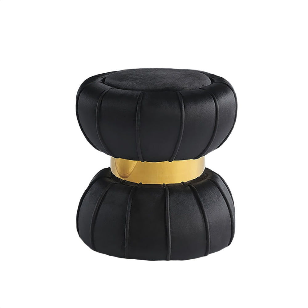 Penny Ottoman Stool with Gold Metal Trim, Bow-Tie Spool, Black Velvet-BM353224