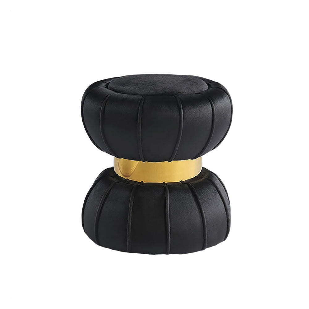 Penny Ottoman Stool with Gold Metal Trim, Bow-Tie Spool, Black Velvet-BM353224