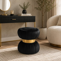 Penny Ottoman Stool with Gold Metal Trim, Bow-Tie Spool, Black Velvet-BM353224