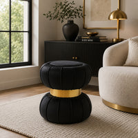 Penny Ottoman Stool with Gold Metal Trim, Bow-Tie Spool, Black Velvet-BM353224