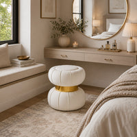 Penny Ottoman Stool with Gold Metal Trim, Bow-Tie Design, White Velvet-BM353225