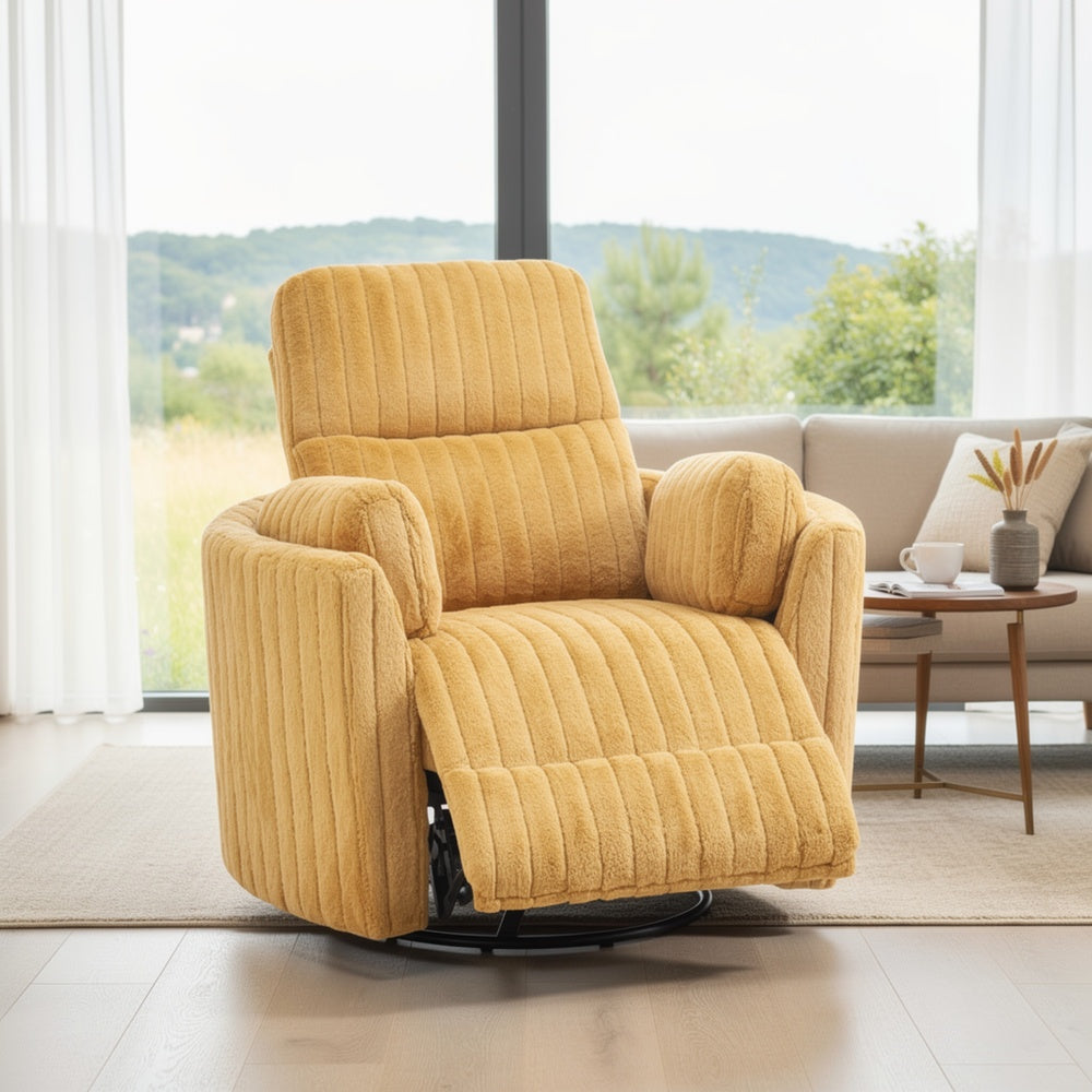 Bela Power Glider Recliner Chair with Swivel, Eucalyptus Wood, Yellow Fabric-BM353235