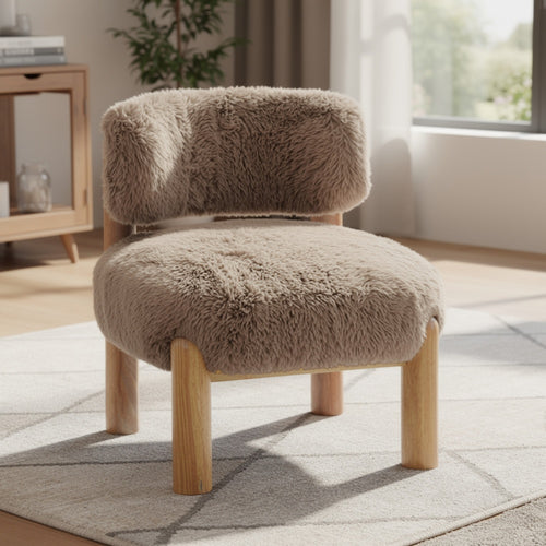 Alco Contoured Accent Chair with Natural Wood Legs, Mushroom Brown Faux Fur-BM353236