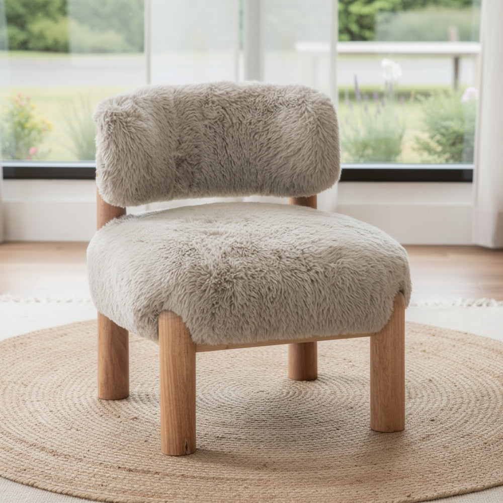 Alco Contoured Accent Chair with Natural Wood Legs, Taupe Brown Faux Fur-BM353237