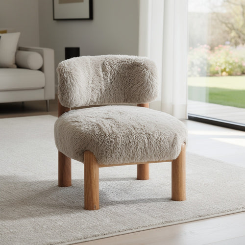 Alco Contoured Accent Chair with Natural Wood Legs, Taupe Brown Faux Fur-BM353237