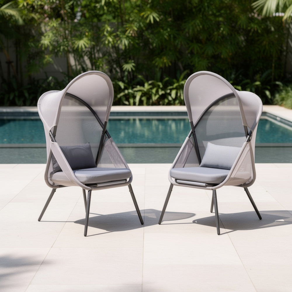 Avery Foldable Mesh Lounge Chair, Set of 2, Gray Cushion, Black Metal-BM353238