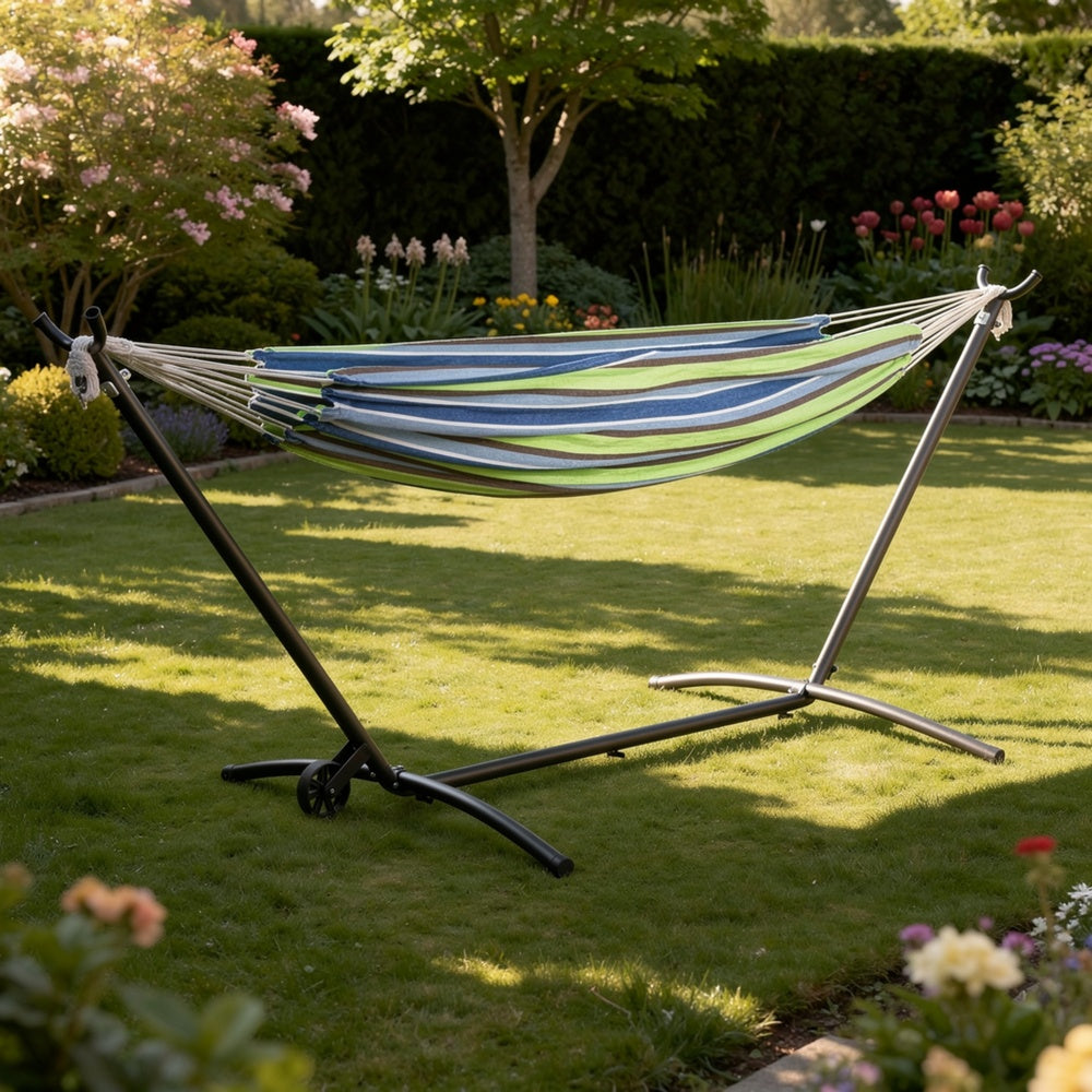 Joena Outdoor Hammock Stand with Angled Frame, Black Steel 130 Inch-BM353240