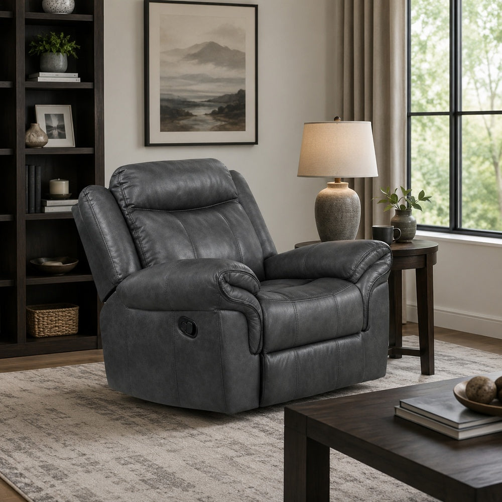 Arisa Manual Glider Recliner Chair w Wood Frame, Dark Gray Faux Leather-BM353247