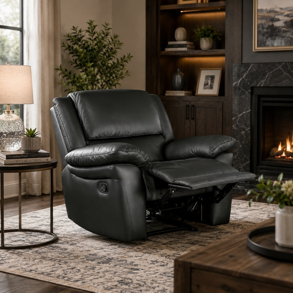 Larus Manual Motion Recliner Chair, Pillowed Arms, Black Faux Leather-BM353280