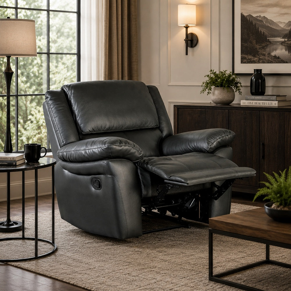 Larus Manual Motion Recliner Chair, Pillowed Arms, Black Faux Leather-BM353280