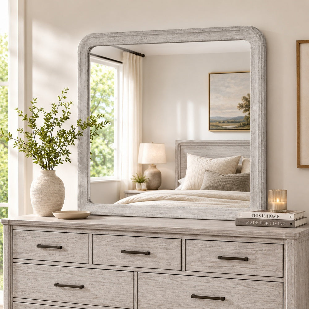 Osko Dresser Mirror, Rounded Edges, Light Gray Wood, 40x42 Rectangular-BM353283