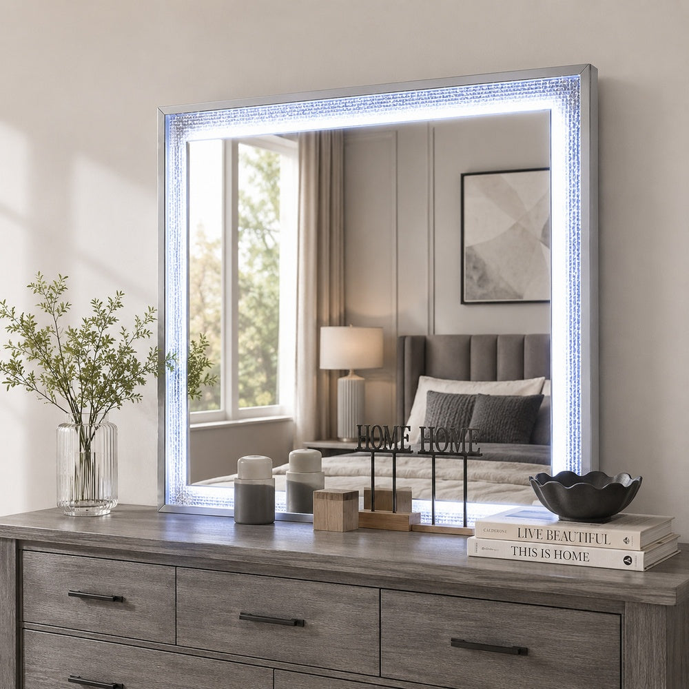Soha Dresser Mirror, Rhinestone Trim w LED, High Gloss White 38x38-BM353285