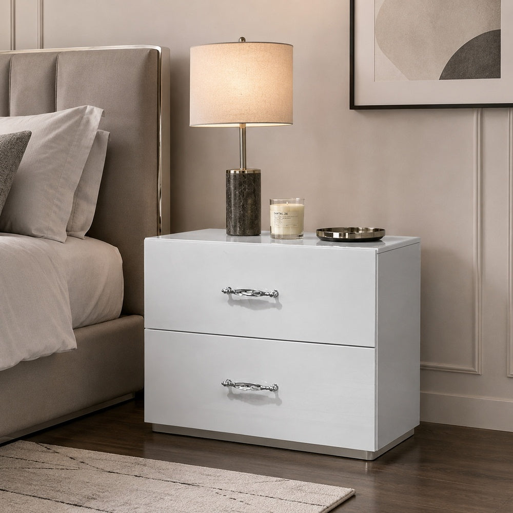 Soha Nightstand, 2 Drawers, Acrylic Chrome Handles, High Gloss White-BM353286
