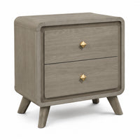 Reny Nightstand, 2 Drawers, Rounded Edges, Gold Knobs, Rustic Gray Wood  - BM353289