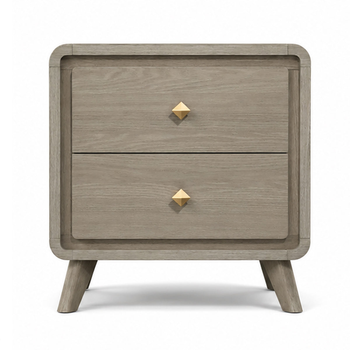 Reny Nightstand, 2 Drawers, Rounded Edges, Gold Knobs, Rustic Gray Wood  - BM353289