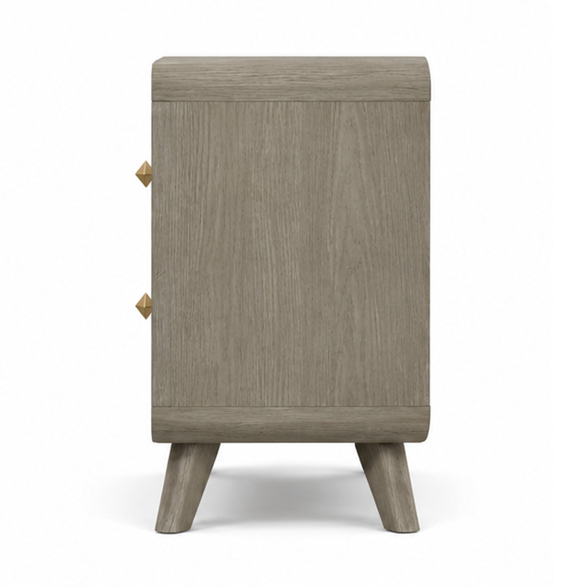 Reny Nightstand, 2 Drawers, Rounded Edges, Gold Knobs, Rustic Gray Wood  - BM353289