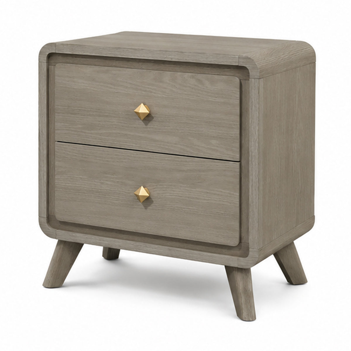 Reny Nightstand, 2 Drawers, Rounded Edges, Gold Knobs, Rustic Gray Wood  - BM353289