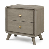 Reny Nightstand, 2 Drawers, Rounded Edges, Gold Knobs, Rustic Gray Wood  - BM353289