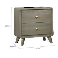 Reny Nightstand, 2 Drawers, Rounded Edges, Gold Knobs, Rustic Gray Wood  - BM353289