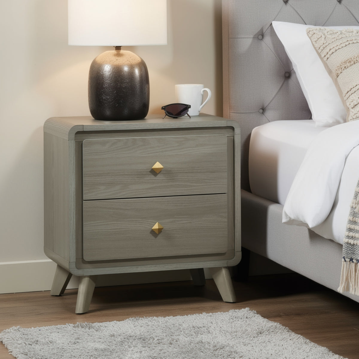 Reny Nightstand, 2 Drawers, Rounded Edges, Gold Knobs, Rustic Gray Wood  - BM353289