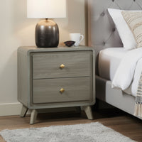 Reny Nightstand, 2 Drawers, Rounded Edges, Gold Knobs, Rustic Gray Wood  - BM353289