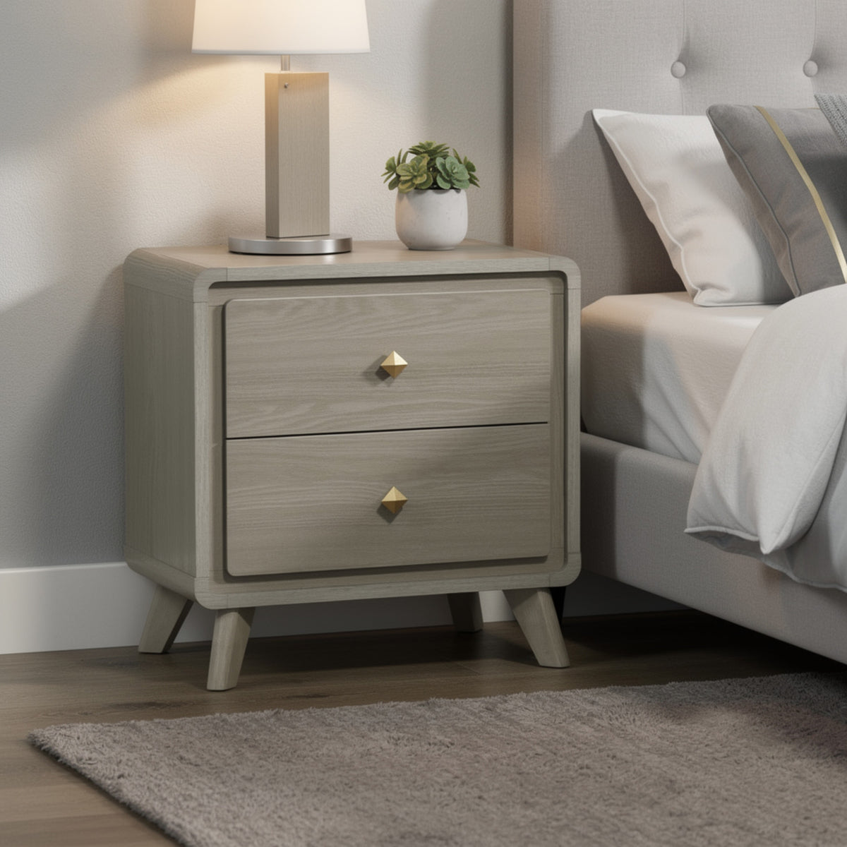 Reny Nightstand, 2 Drawers, Rounded Edges, Gold Knobs, Rustic Gray Wood  - BM353289