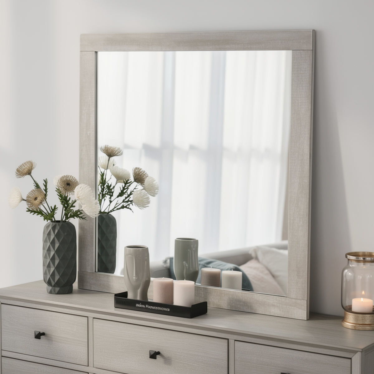 Dabu Dresser Mirror, Framed Design, Light Gray Wood, 37x39 Rectangular  - BM353292