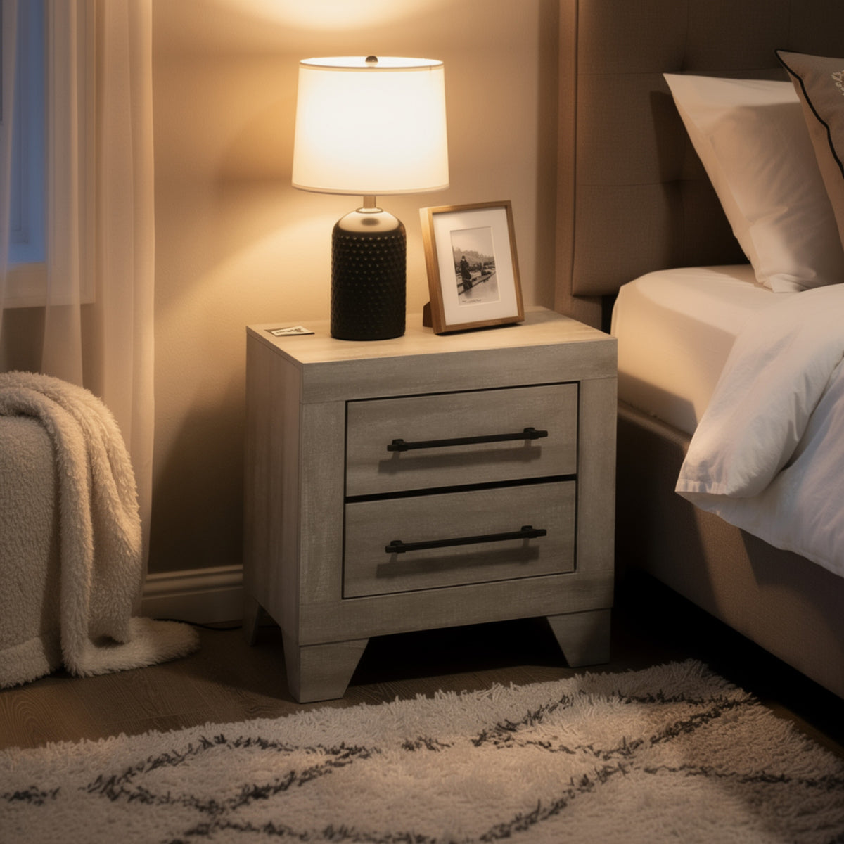 Dabu Nightstand, 2 Drawers, Linear Handles, Light Gray, Black  - BM353293