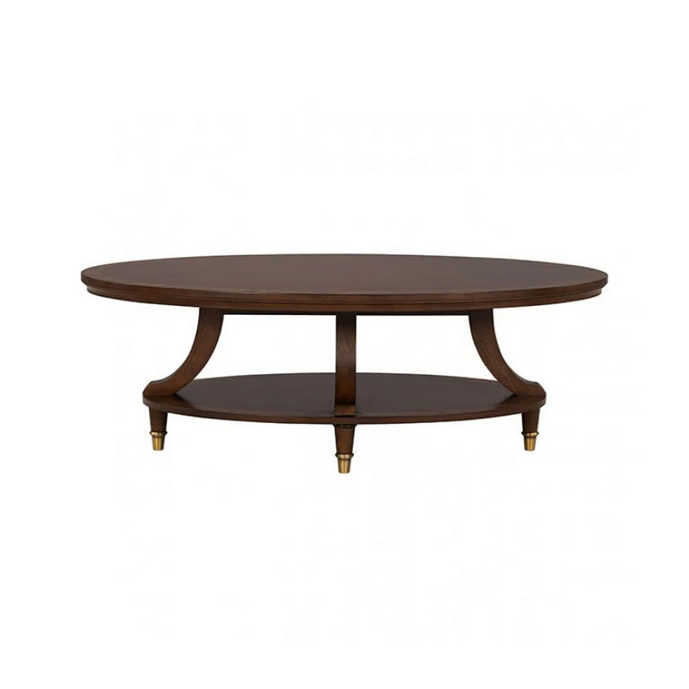 Raam Coffee Table, 52 Inch Oval Top with Lower Shelf, Dark Cherry Brown - BM353294